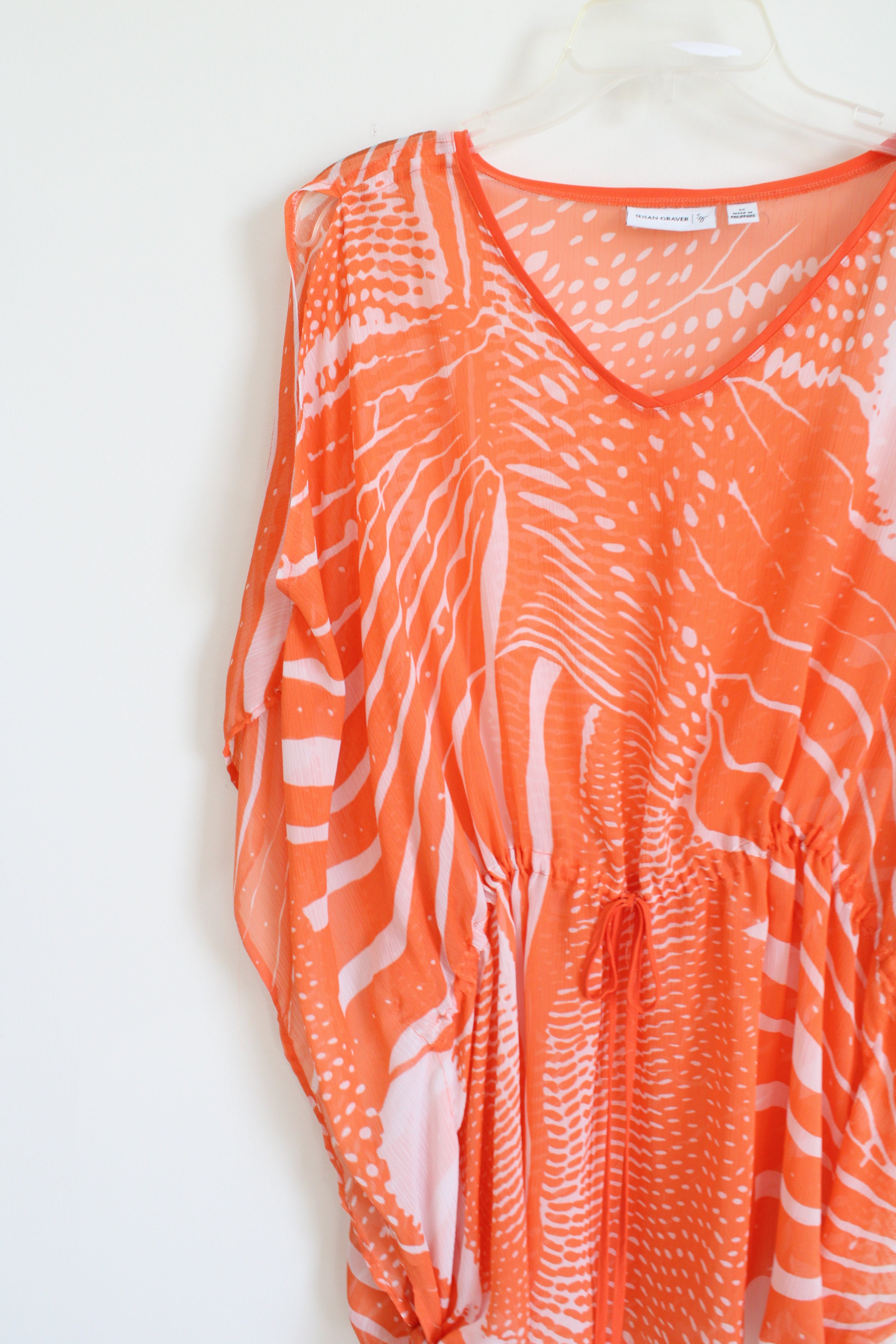 Susan Graver Orange Patterned Chiffon Cold Shoulder Blouse | M