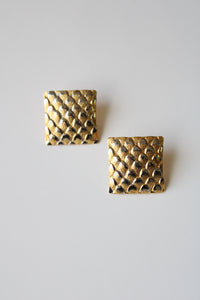 Vintage Gold Square Metal Scale Pattern Earrings