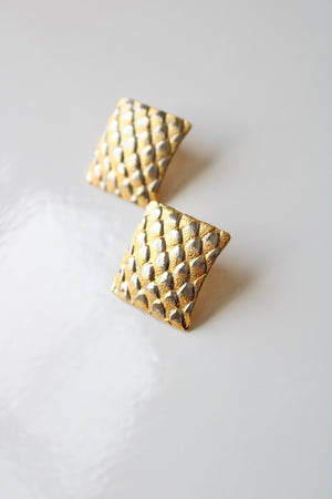 Vintage Gold Square Metal Scale Pattern Earrings