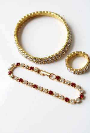 Ruby Red & Clear Rhinestone Gold Vintage Bracelet & Ring Set