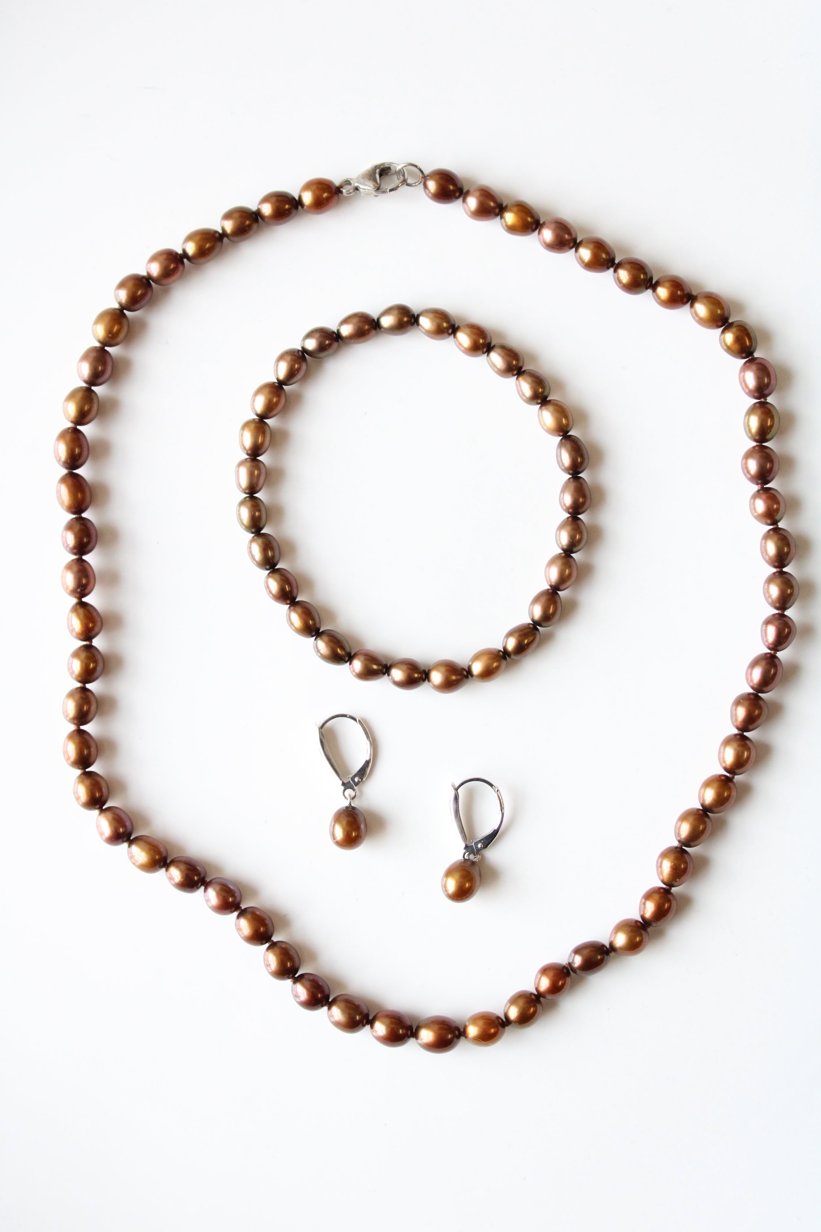 Bronze Brown Genuine Pearl Beaded Necklace Bracelet & Clip-On Earrings Set