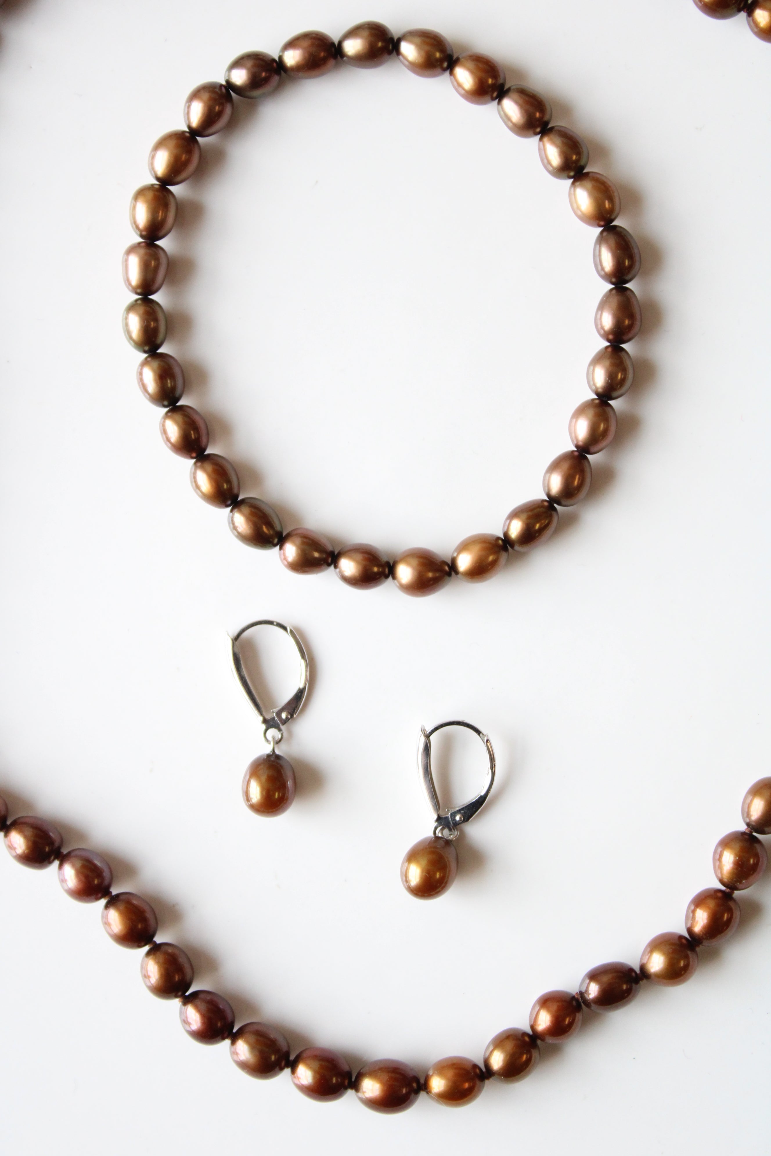 Bronze Brown Genuine Pearl Beaded Necklace Bracelet & Clip-On Earrings Set