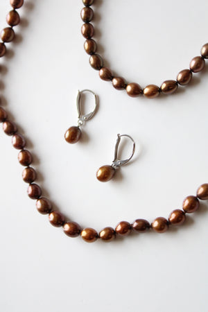 Bronze Brown Genuine Pearl Beaded Necklace Bracelet & Clip-On Earrings Set