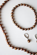 Bronze Brown Genuine Pearl Beaded Necklace Bracelet & Clip-On Earrings Set