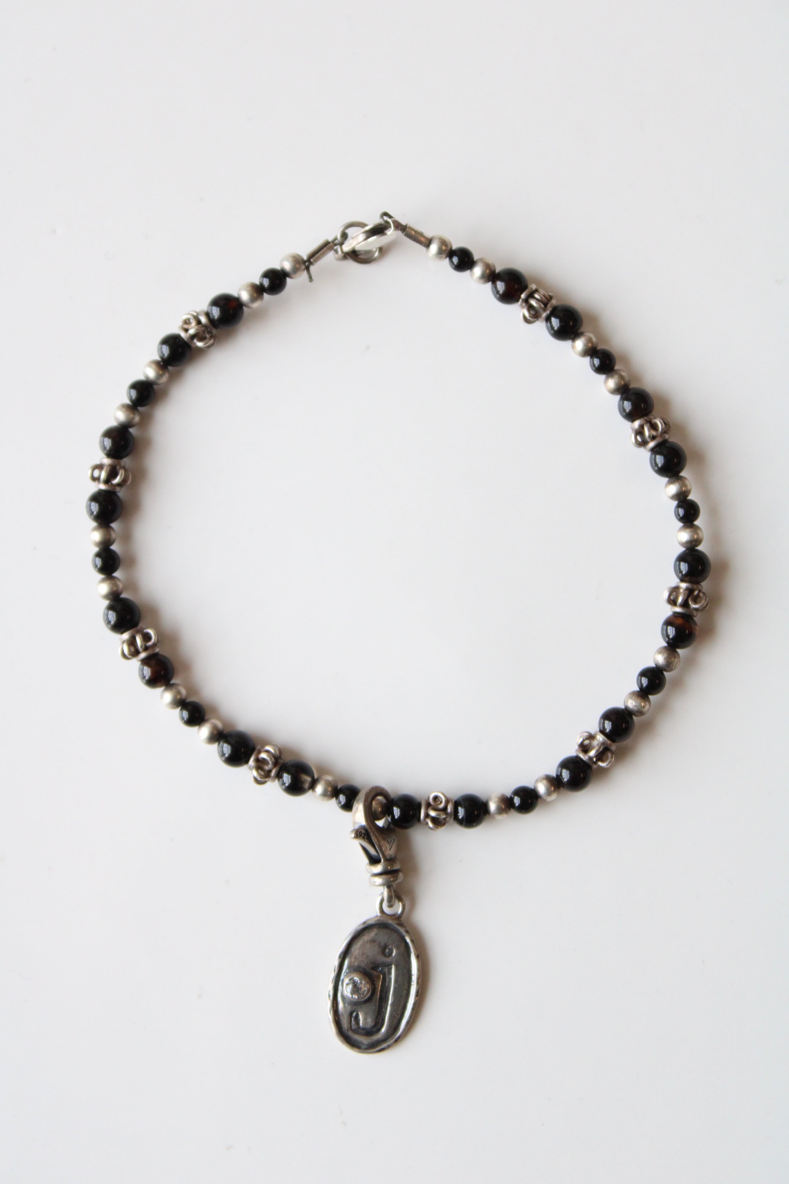 Black & Silver Beaded & "J" Charm Sterling Silver Bracelet