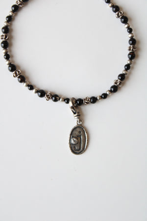 Black & Silver Beaded & "J" Charm Sterling Silver Bracelet