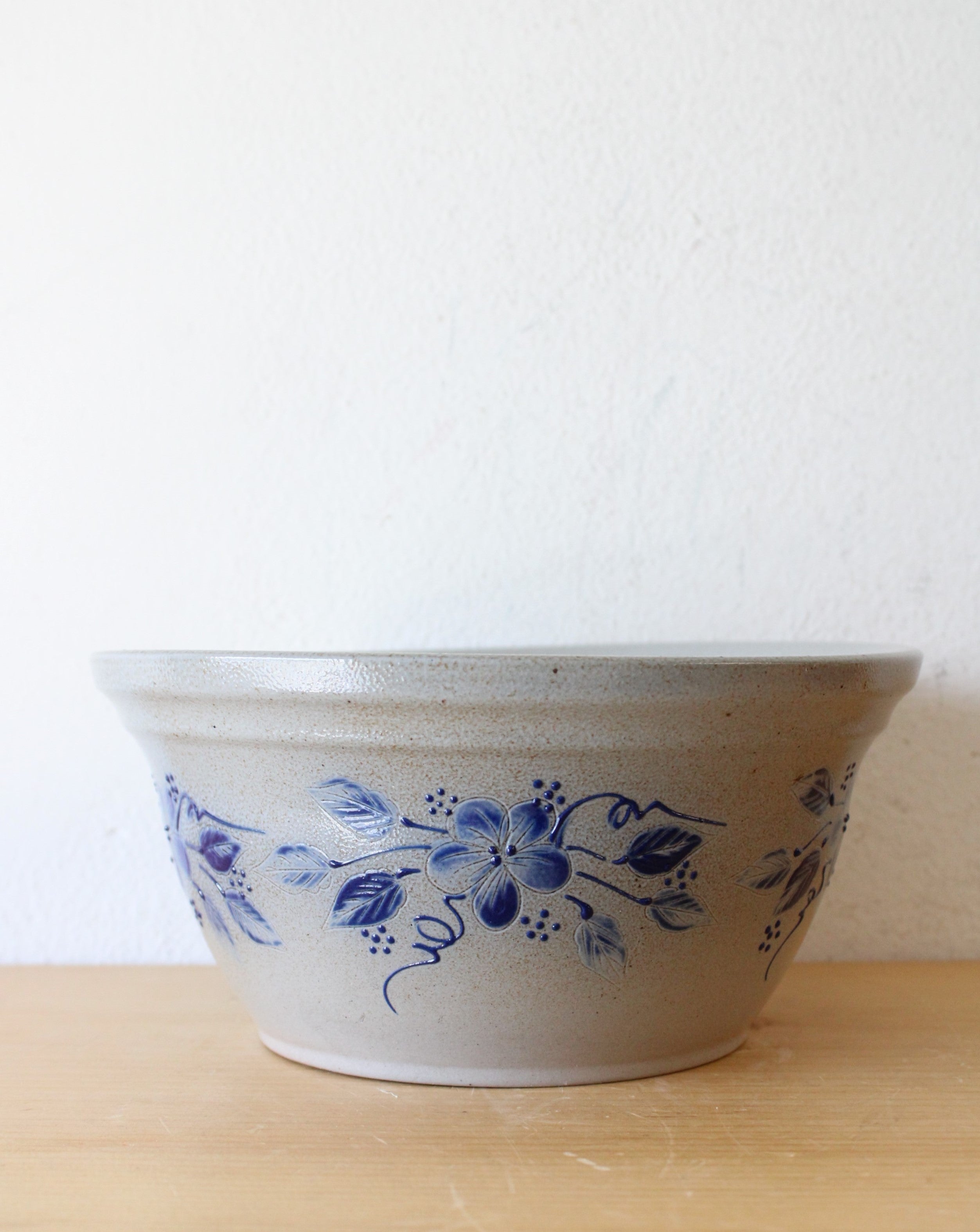 Gray & Blue Floral Signed Pottery Mixing Bowl