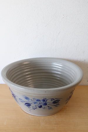 Gray & Blue Floral Signed Pottery Mixing Bowl