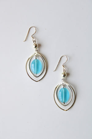 Sterling Silver Blue Oval Beaded Silver Dangle Earrings