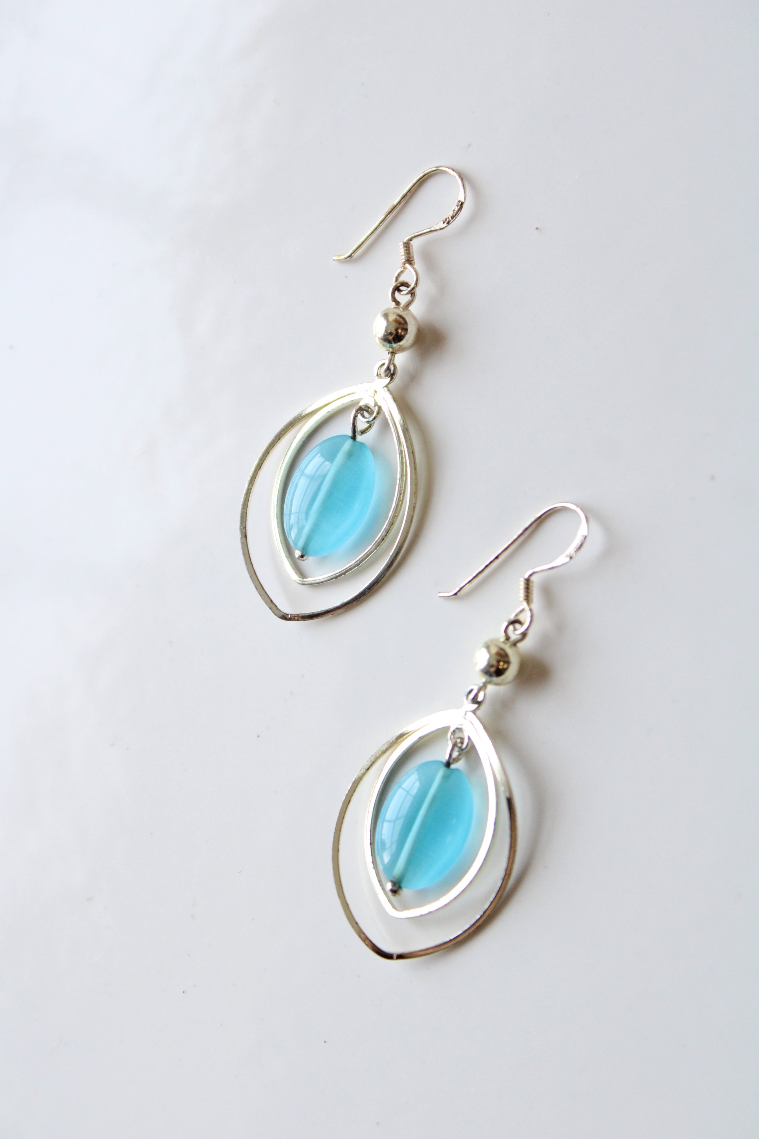 Sterling Silver Blue Oval Beaded Silver Dangle Earrings