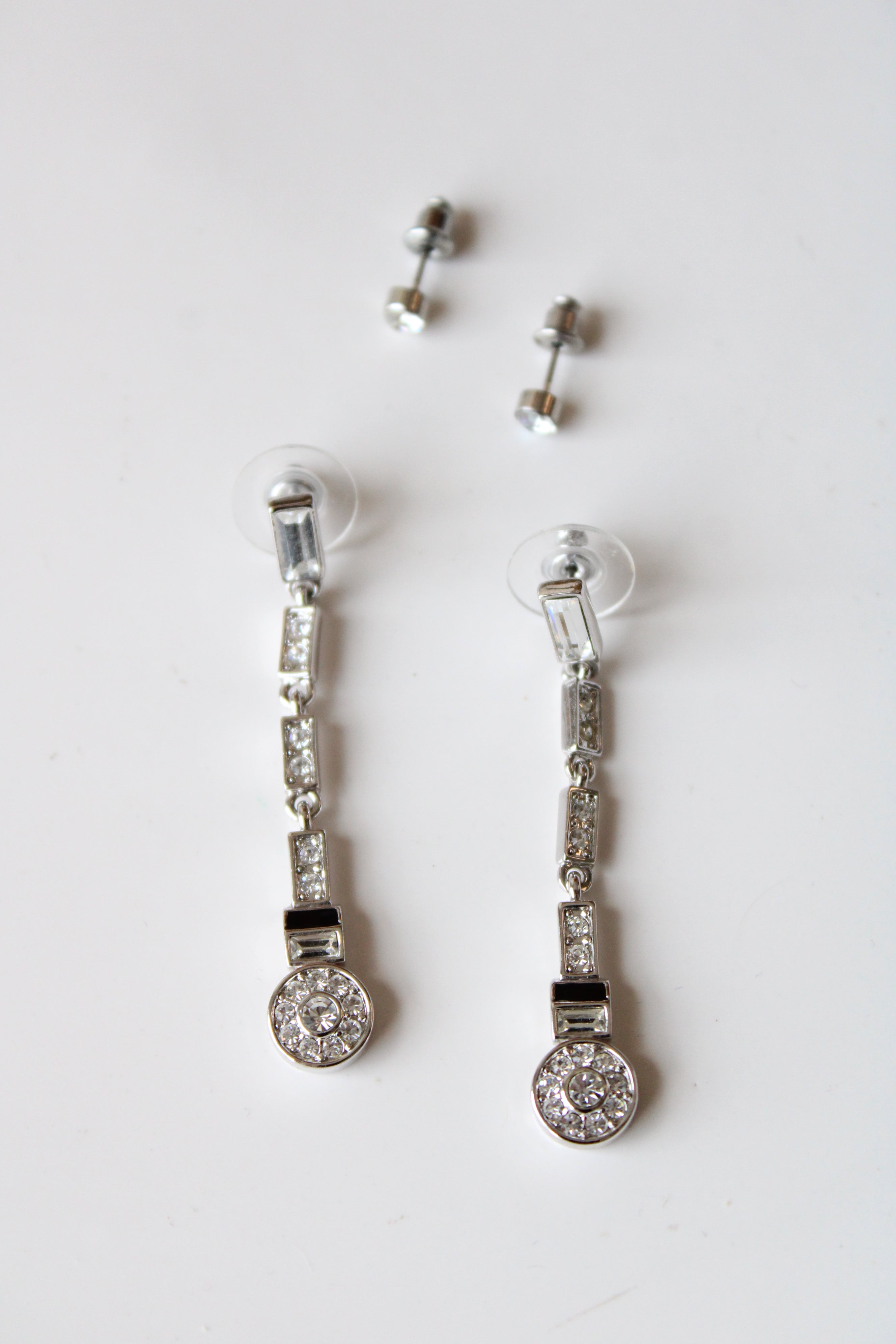 Silver Clear Rhinestone Drop Earring & Studs Set