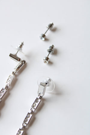 Silver Clear Rhinestone Drop Earring & Studs Set