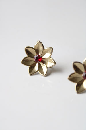 Ruby Stone Flower Screwback Sterling Silver Earrings