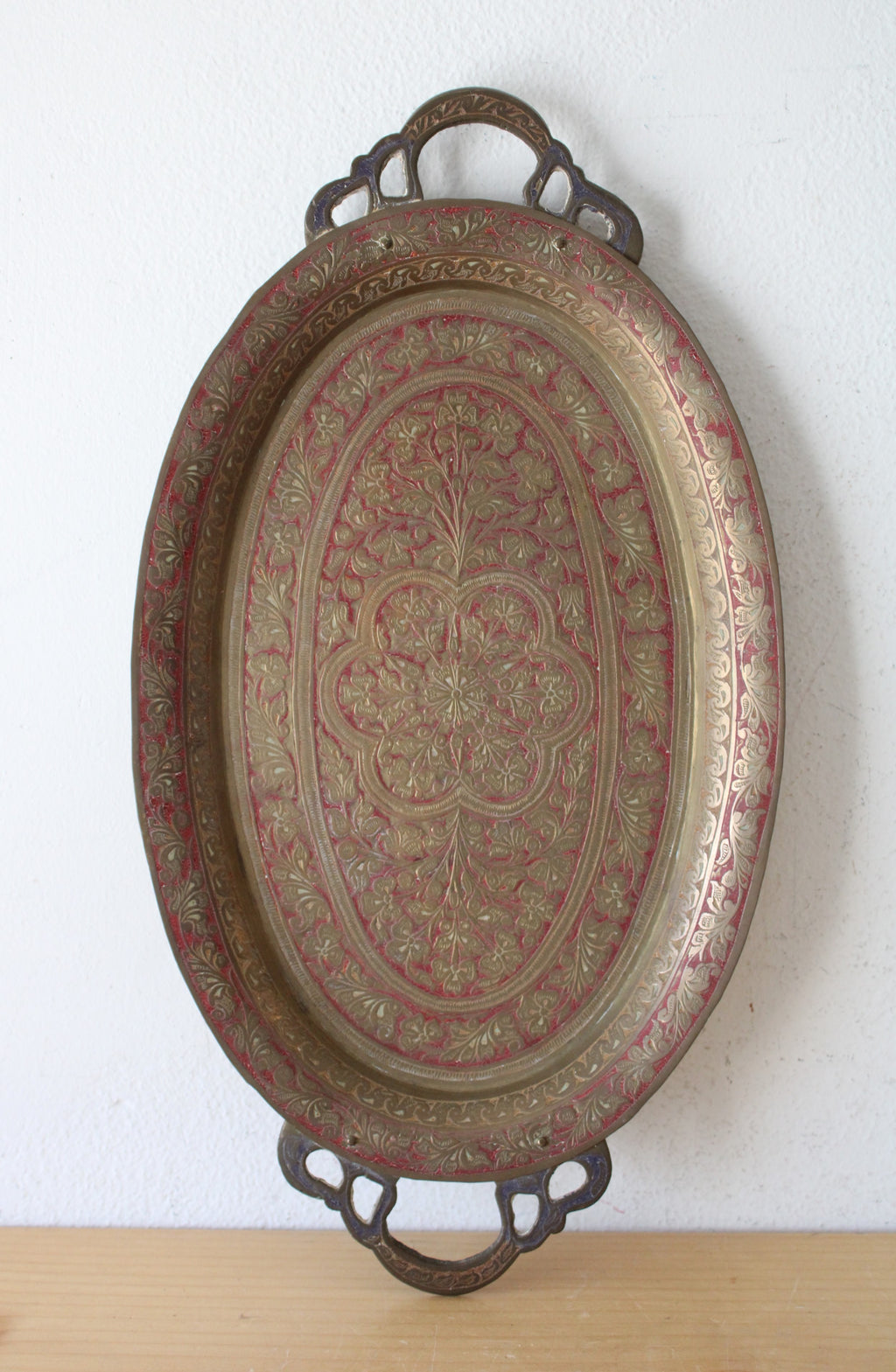 HK Made In India Brass Etched Red Painted Vintage Tray