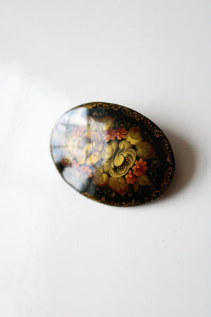 Handmade Russian Floral Black Oval Pin