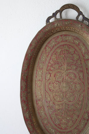 HK Made In India Brass Etched Red Painted Vintage Tray