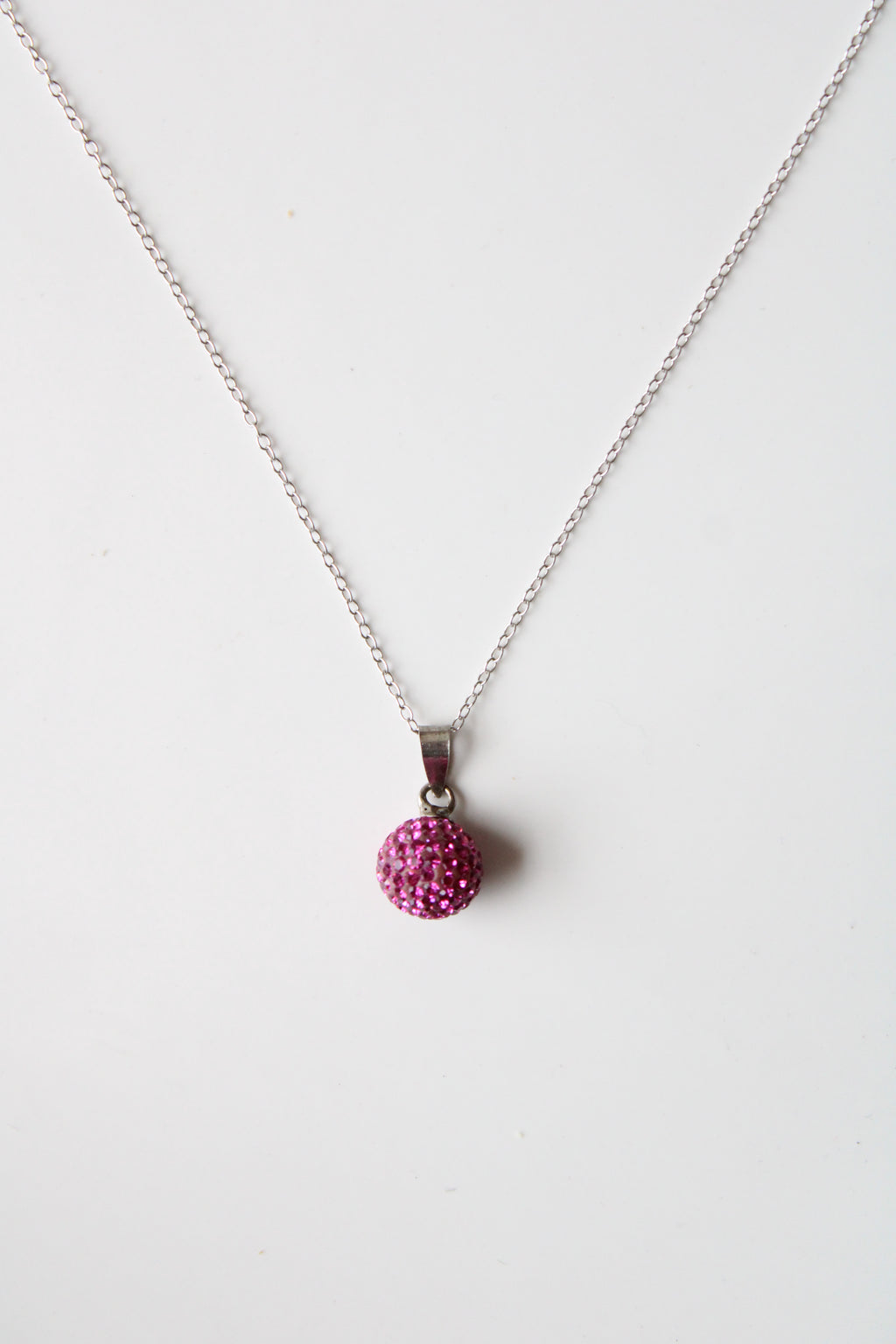 Pink Crystal Pave Disco Ball Pendant Sterling Silver Necklace