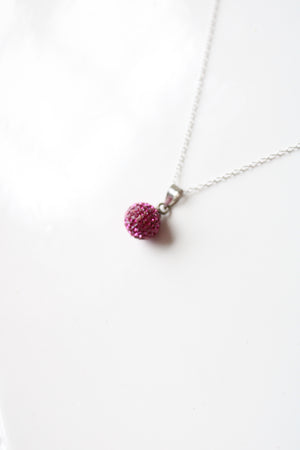 Pink Crystal Pave Disco Ball Pendant Sterling Silver Necklace