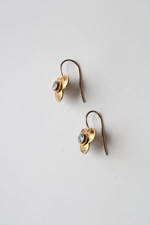 Gold Flower & Blue Rhinestone Drop Earrings