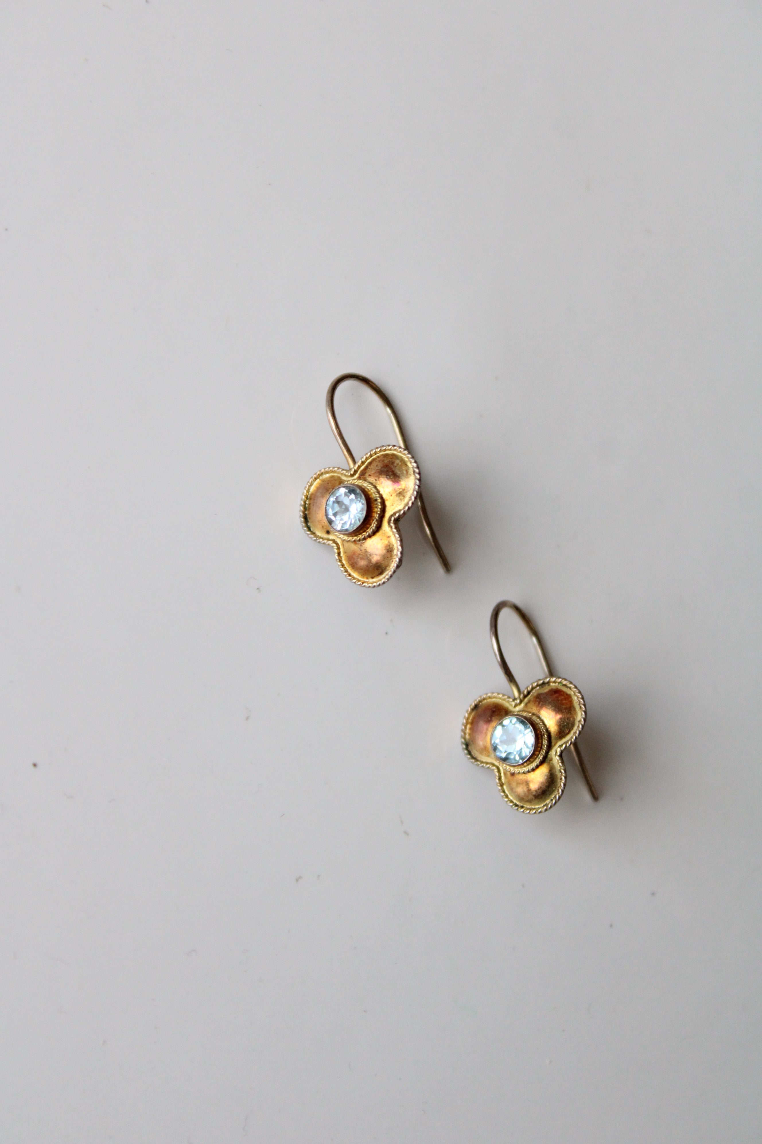 Gold Flower & Blue Rhinestone Drop Earrings