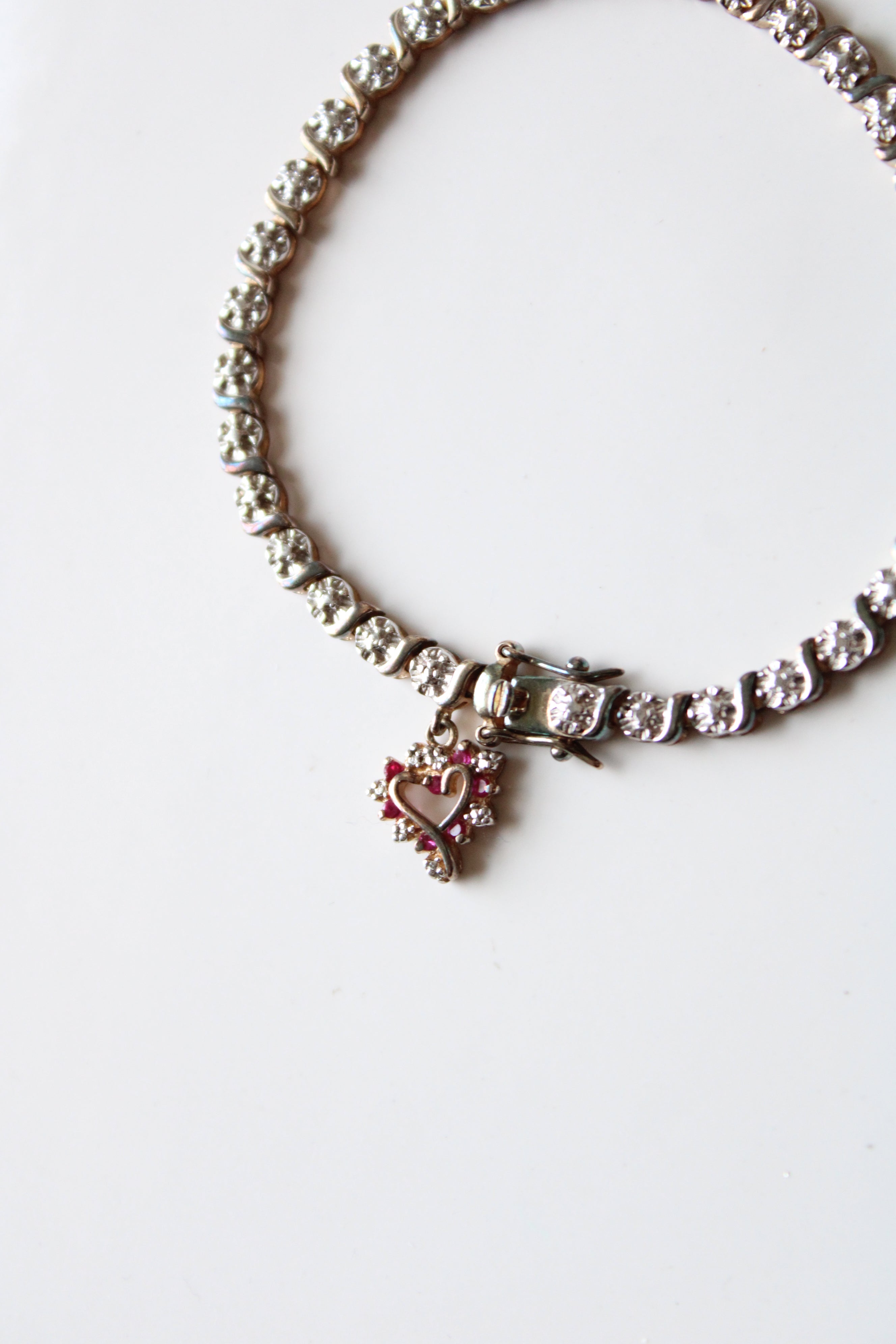 Sterling Silver Pink Rhinestone Heart Charm Bracelet