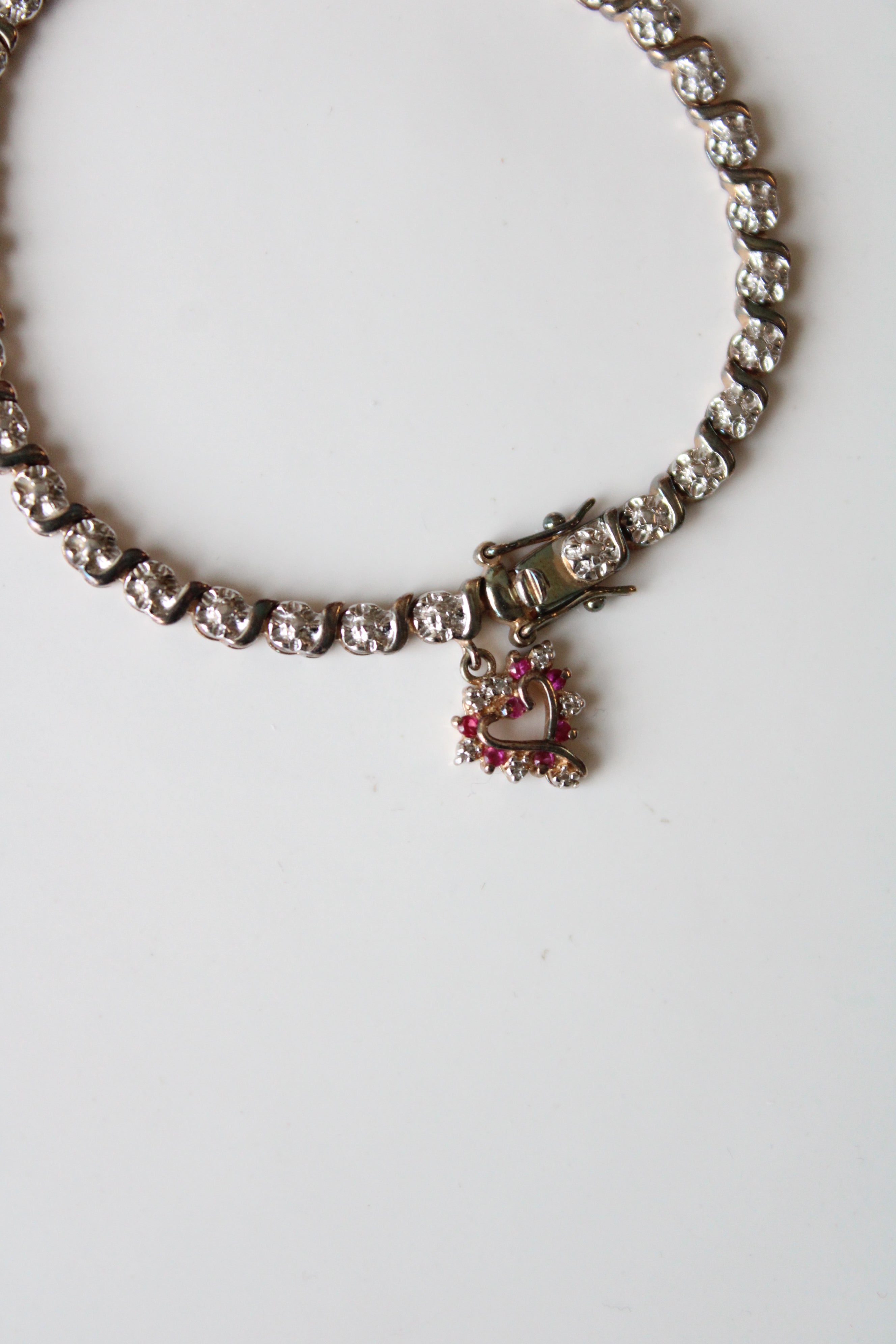 Sterling Silver Pink Rhinestone Heart Charm Bracelet