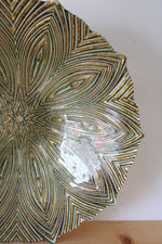 Gold & Green Lined Flower Patterned Large Glass Bowl