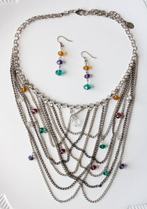 Silver Multi-Colored Beaded Layered Necklace & Earring Set