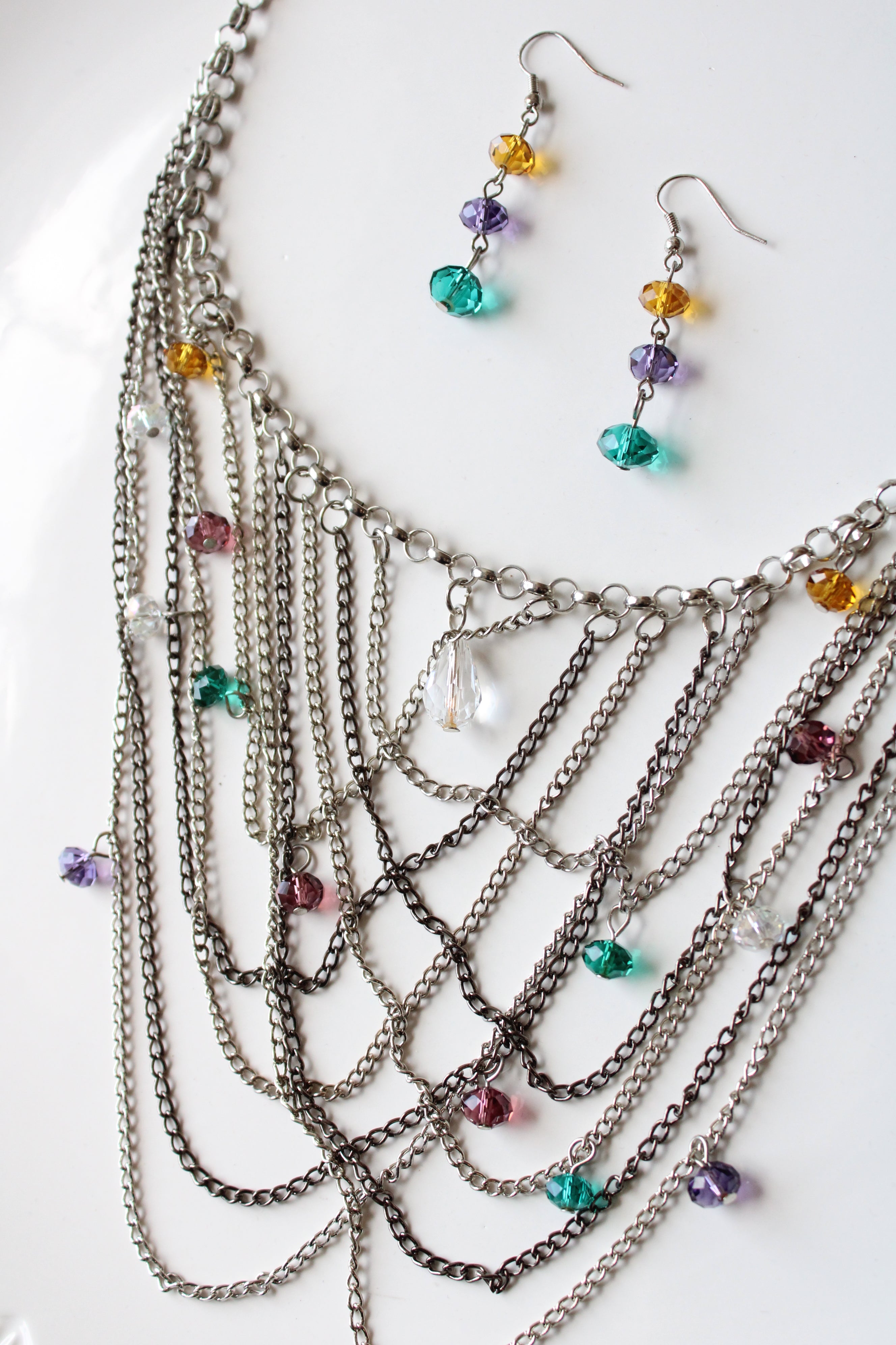 Silver Multi-Colored Beaded Layered Necklace & Earring Set