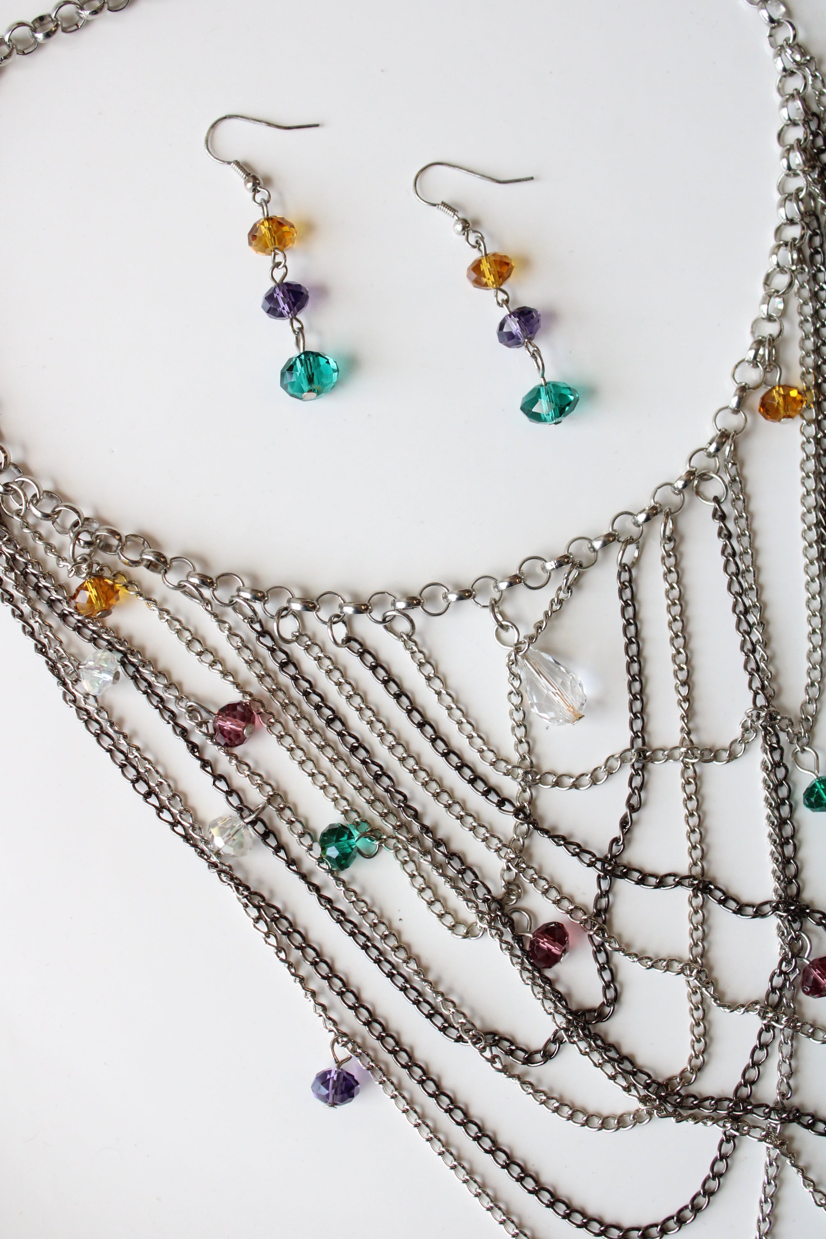 Silver Multi-Colored Beaded Layered Necklace & Earring Set