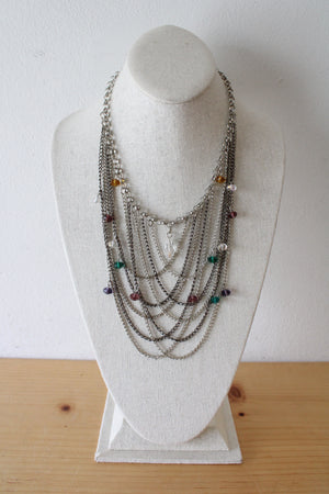 Silver Multi-Colored Beaded Layered Necklace & Earring Set