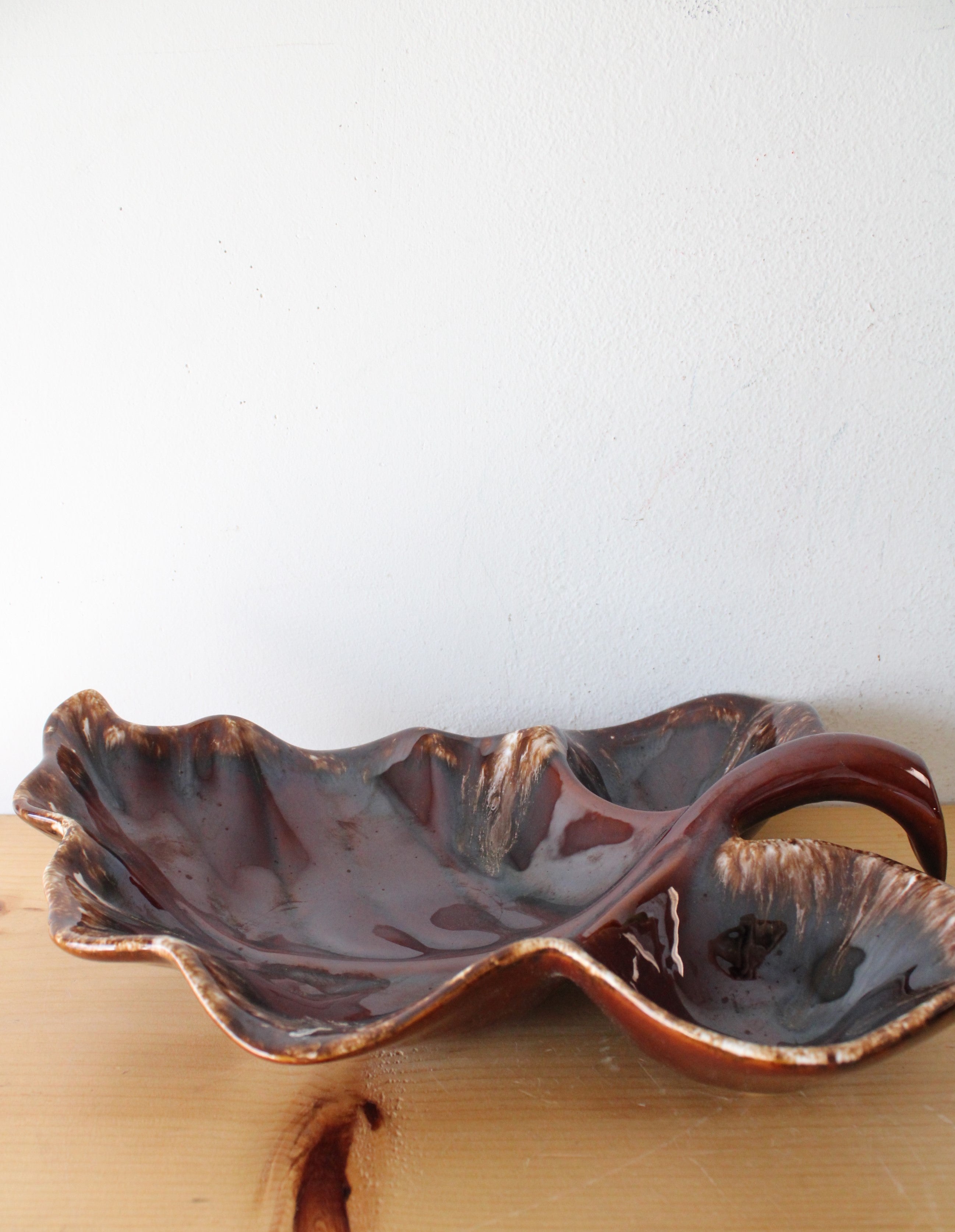 Hull Brown Ceramic Leaf Vintage Divided Tray Serving Dish