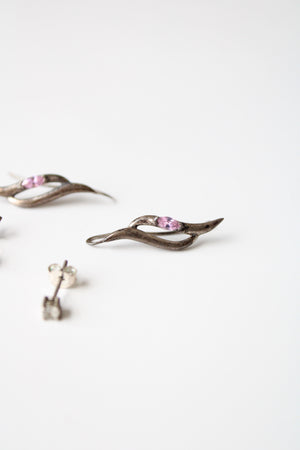 Sterling Silver Stud & Pink Stone Wave Earring Set