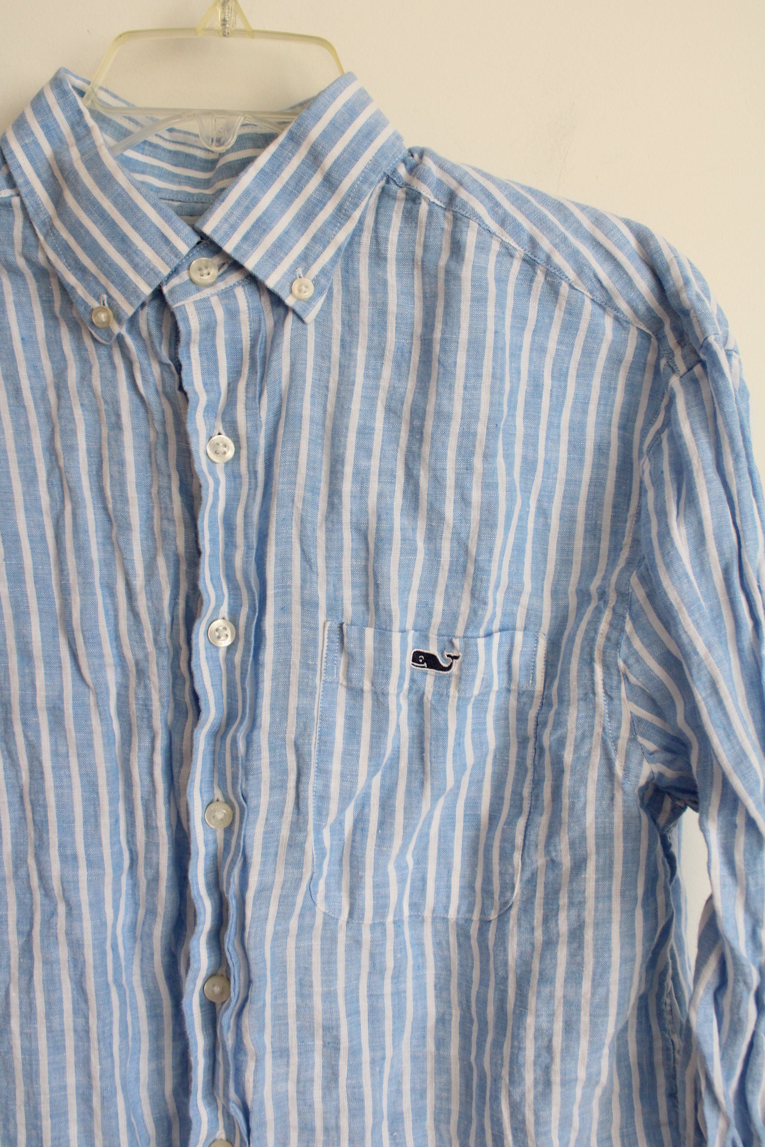 Vineyard Vines Classic Fit Tucker Linen Blue Striped Button Down Shirt | M