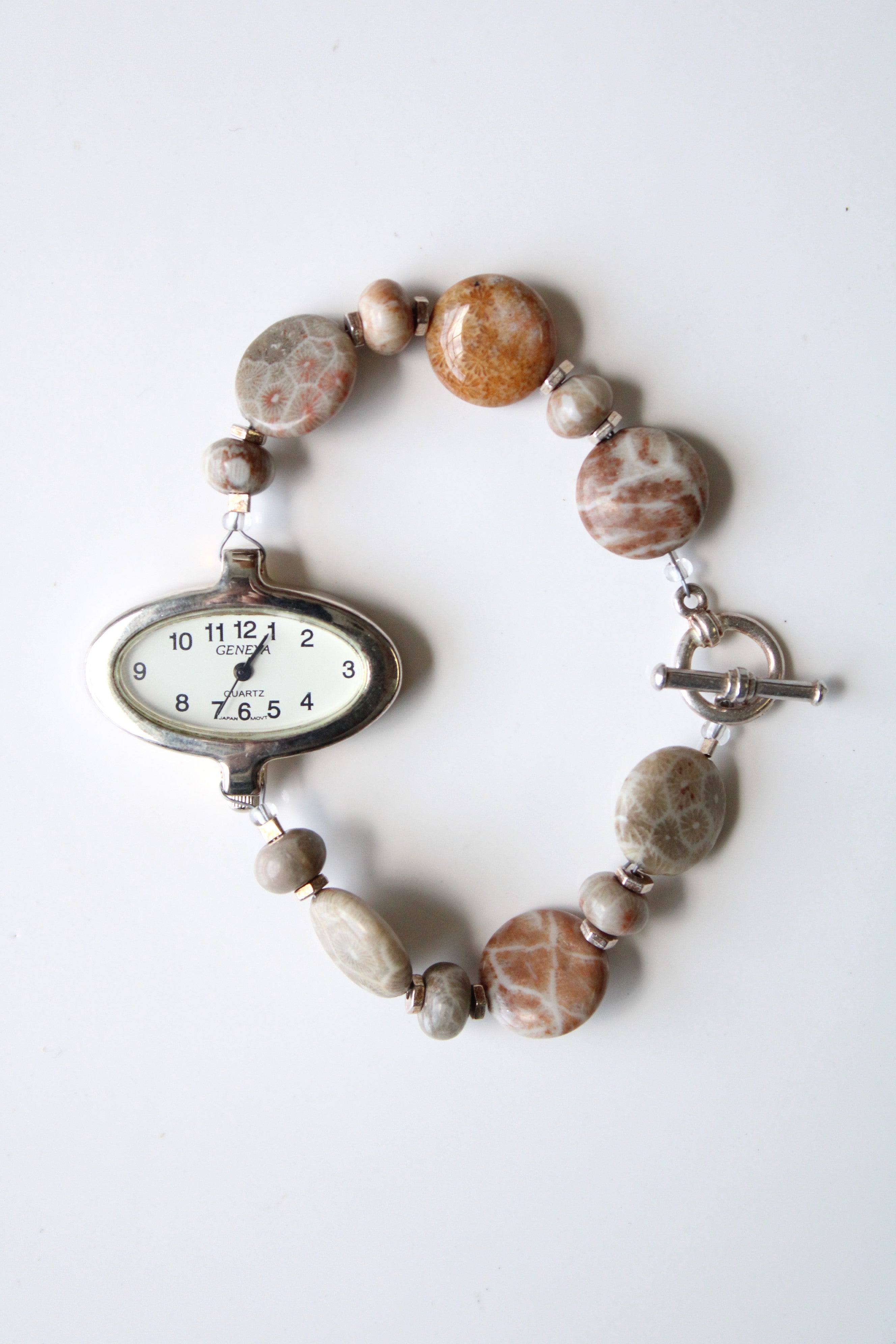 Geneva Jasper Beaded Silver Toggle Bracelet Analog Watch