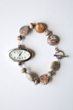 Geneva Jasper Beaded Silver Toggle Bracelet Analog Watch