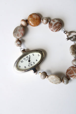 Geneva Jasper Beaded Silver Toggle Bracelet Analog Watch