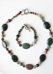 India Agate Multi Colored Stone Silver Toggle Necklace & Bracelet Set