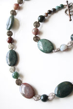 India Agate Multi Colored Stone Silver Toggle Necklace & Bracelet Set