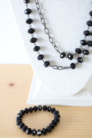 Black Glass Beaded Long Necklace & Bracelet Set