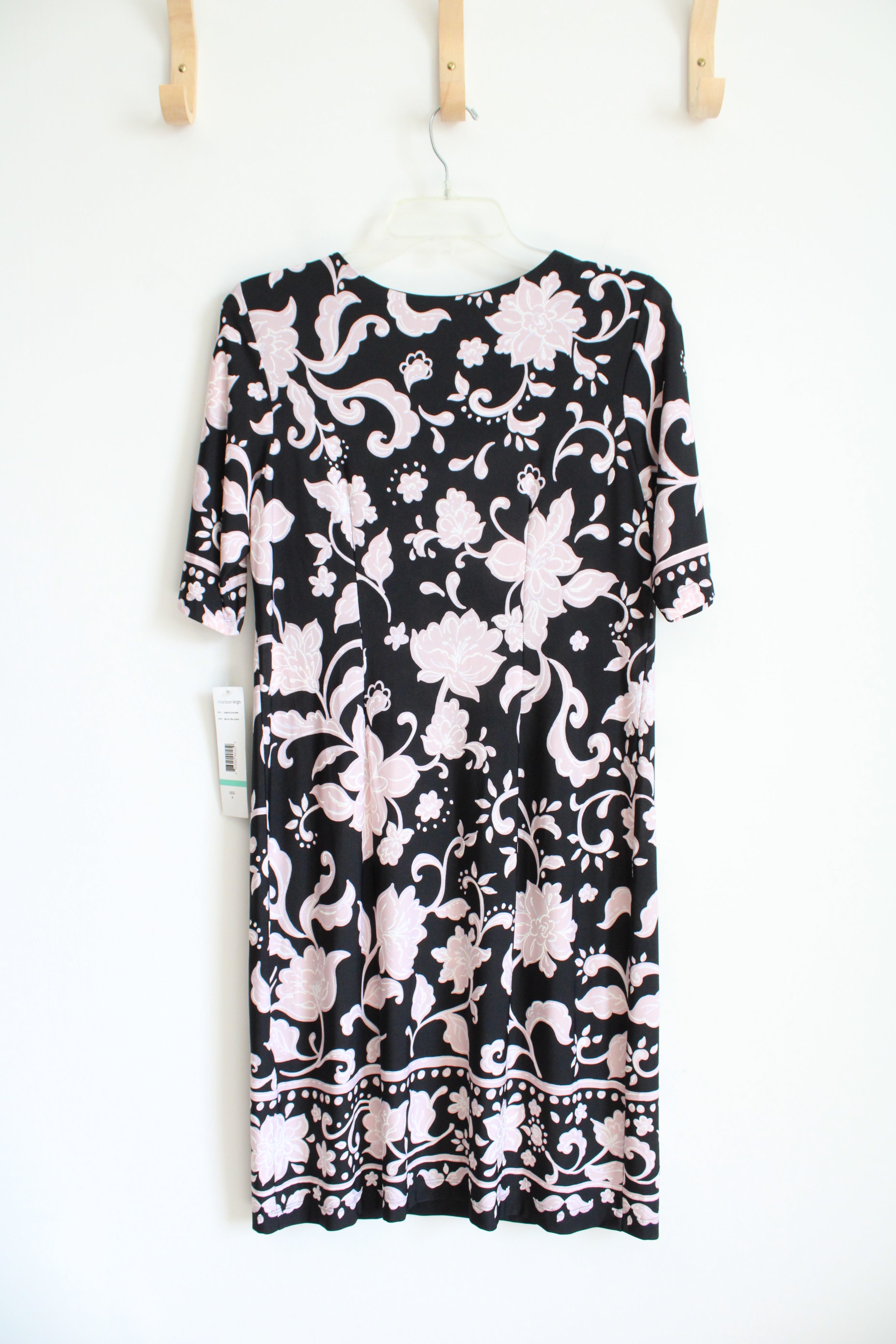 NEW Madison Leigh White Beaded Pink Floral Black Dress | 8