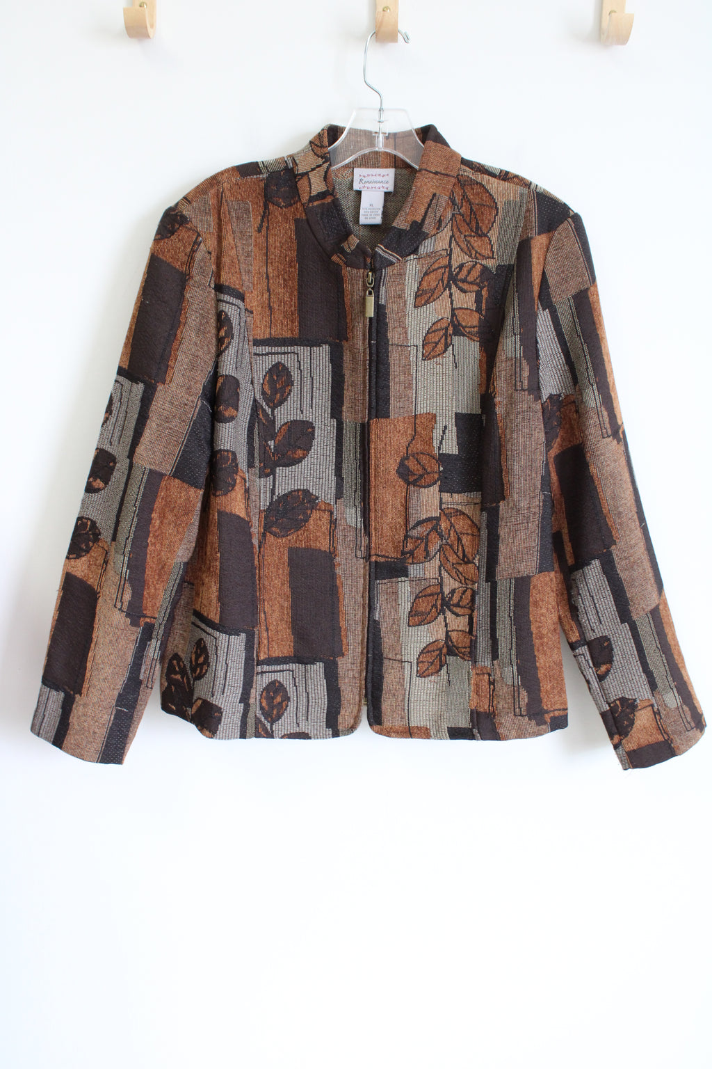 Renaissance Leaf Patterned Textured Brown Zip Up Jacket | XL