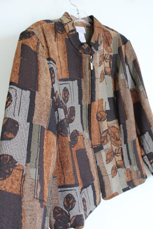 Renaissance Leaf Patterned Textured Brown Zip Up Jacket | XL