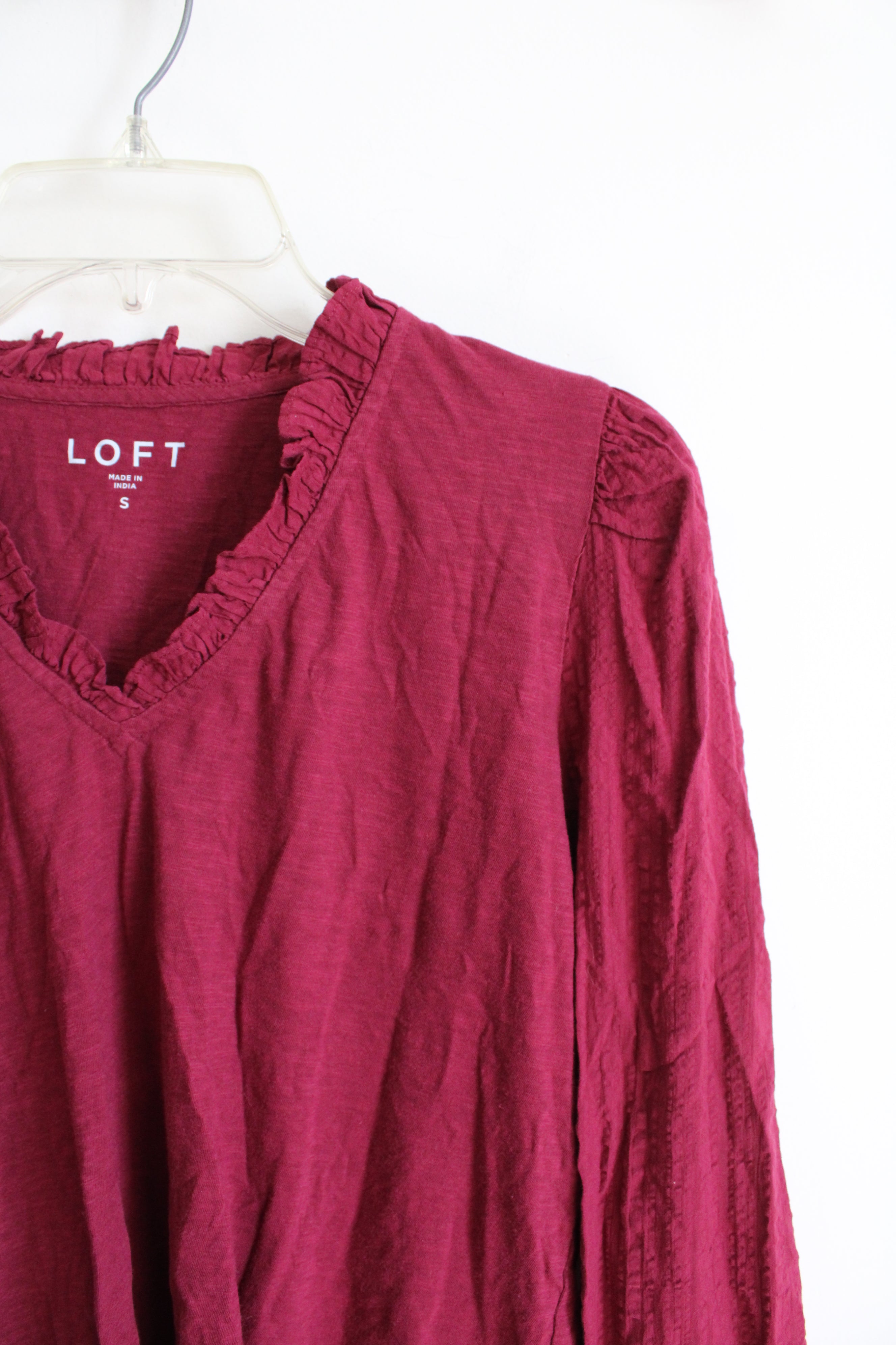 LOFT Red Ruffled Neck Long Sleeved Top | S