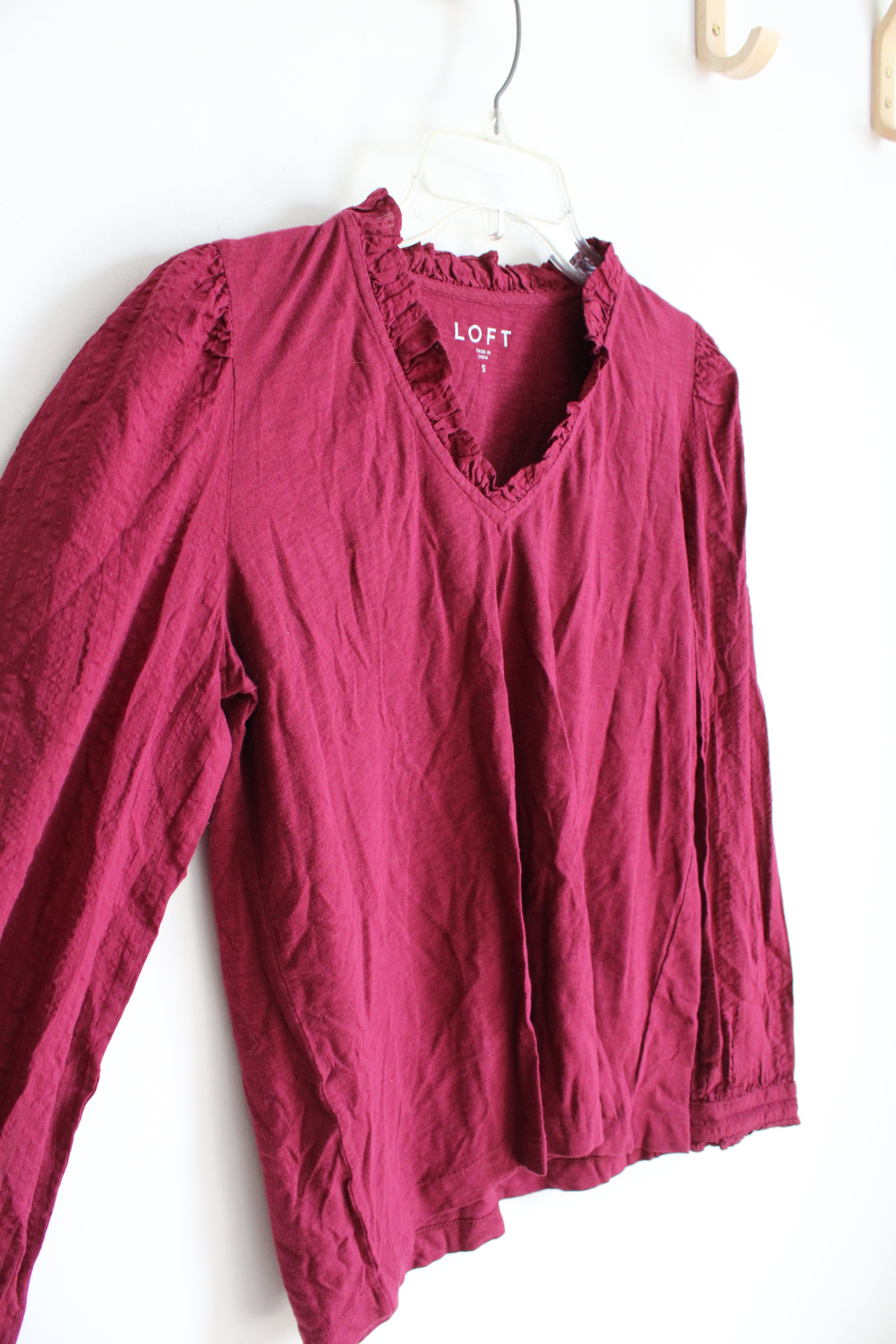 LOFT Red Ruffled Neck Long Sleeved Top | S