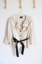 Adrianna Papell Beige Shimmer Ruffle Jacket & Black Ribbon Tie | 6