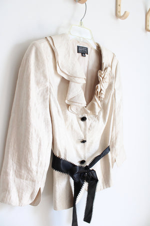 Adrianna Papell Beige Shimmer Ruffle Jacket & Black Ribbon Tie | 6