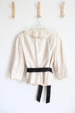 Adrianna Papell Beige Shimmer Ruffle Jacket & Black Ribbon Tie | 6