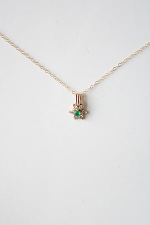 Emerald & Crystal Flower Pendant 14K Yellow Gold Necklace