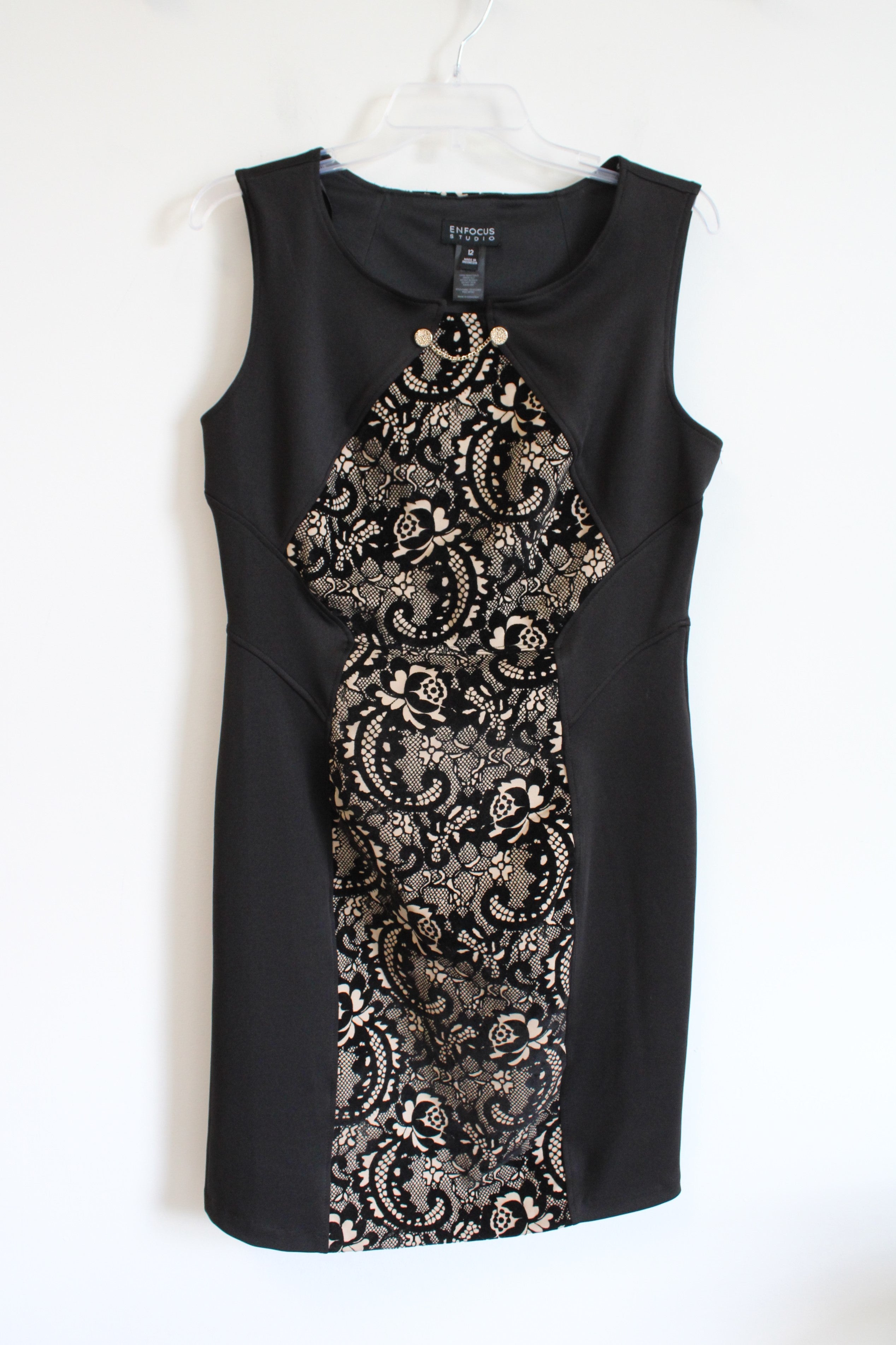 En Focus Studio Black & Tan Velvet Lace Textured Dress | 12